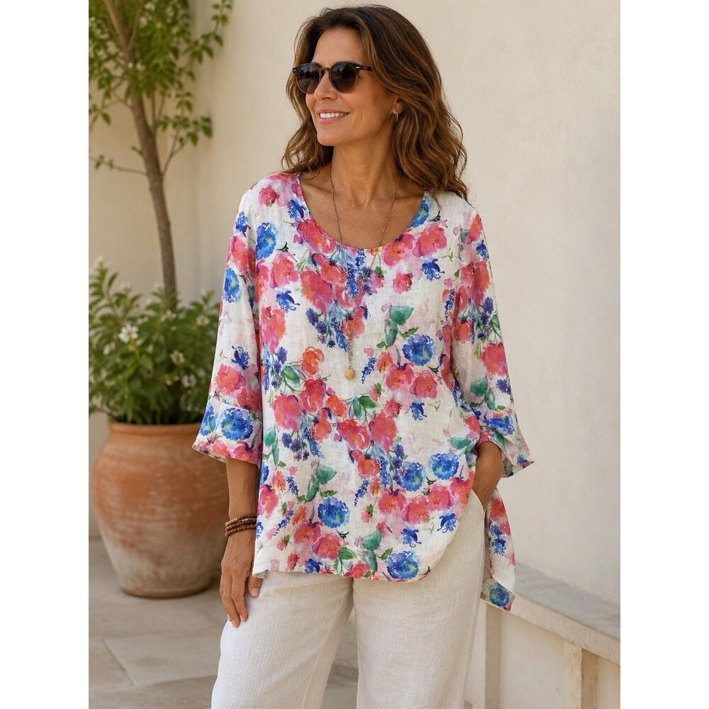 Cut Loose 100% Linen Floral Tunic Top Women’s Small Watercolor Hi Low 3/4 Sleeve
